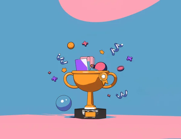 3d render flat icon, Golden Trophy champion cup on pastel background, winner cup, business concept, winning prize for celebration champion reward prize. lofi anime cartoon style minimal concept.