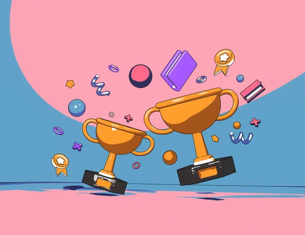 3d render flat icon, Golden Trophy champion cup on pastel background, winner cup, business concept, winning prize for celebration champion reward prize. lofi anime cartoon style minimal concept.