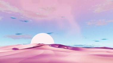 3d render Surreal pastel landscape background with geometric shapes, abstract fantastic desert dune in seasoning landscape with arches, panoramic, futuristic scene with copy space, blue sky and cloudy clipart