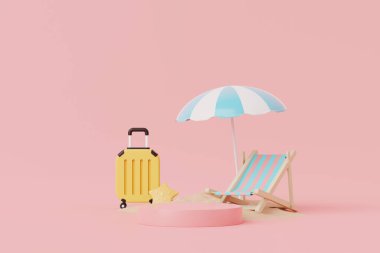 Yaz tatili plaj soyut arka plan konsepti, Minimal Gerçekçi Ürün Model veya Kozmetik Podyumu pembe temalı, plaj şemsiyeli, sandalyeli, şişme yüzüklü. 3d oluşturma
