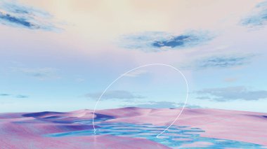 3d render Surreal pastel landscape background with geometric shapes, abstract fantastic desert dune in seasoning landscape with arches, panoramic, futuristic scene with copy space, blue sky and cloudy