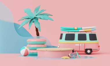 Yaz tatili plaj soyut arka plan konsepti, Minimal Gerçekçi Ürün Model veya Kozmetik Podyumu pembe temalı, plaj şemsiyeli, sandalyeli, şişme yüzüklü. 3d oluşturma