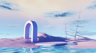 3d render Surreal pastel landscape background with geometric shapes, abstract fantastic desert dune in seasoning landscape with arches, panoramic, futuristic scene with copy space, blue sky and cloudy