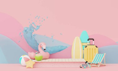 Yaz tatili plaj soyut arka plan konsepti, Minimal Gerçekçi Ürün Model veya Kozmetik Podyumu pembe temalı, plaj şemsiyeli, sandalyeli, şişme yüzüklü. 3d oluşturma