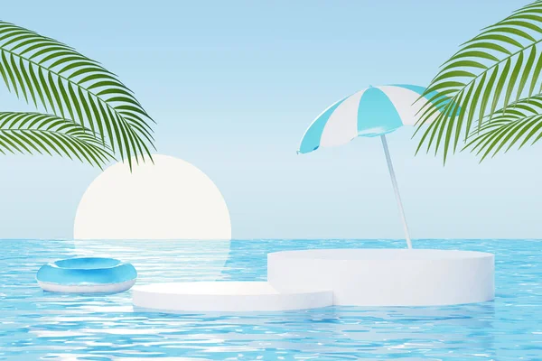 三维渲染暑期抽象产品展示 蓝色海洋背景概念中的最小写实主义展示 热带夏季岛屿的化妆品 充气环 — 图库照片