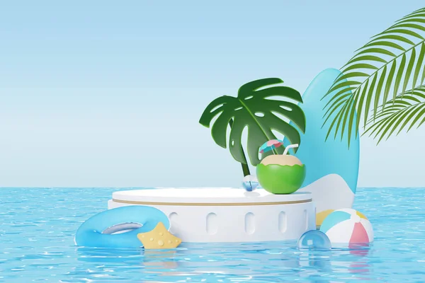 3Dレンダリング夏休み抽象的な製品表示 青い海の背景の概念で最小現実的なディスプレイ表彰台 熱帯夏の島と化粧品 インフレータブルリング — ストック写真