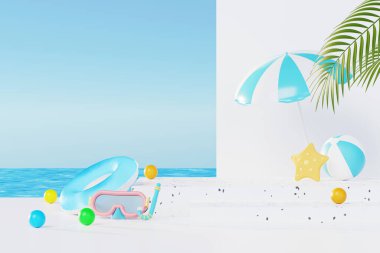 3 Boyutlu Yaz Tatili Soyut Ürün Gösterimi, Mavi Okyanus arka planında Asgari Gerçekçi Görünüm Podyumu, Tropik yaz adası, şemsiye, şişme halka kozmetik ürünleri.