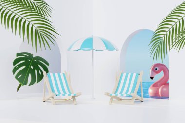 3 Boyutlu Yaz Tatili Soyut Ürün Gösterimi, Mavi Okyanus arka planında Asgari Gerçekçi Görünüm Podyumu, Tropik yaz adası, şemsiye, şişme halka kozmetik ürünleri.