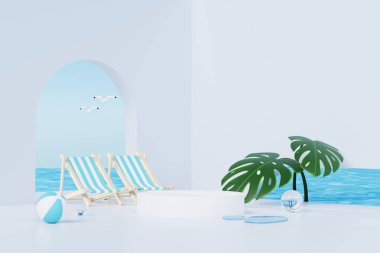 3 Boyutlu Yaz Tatili Soyut Ürün Gösterimi, Mavi Okyanus arka planında Asgari Gerçekçi Görünüm Podyumu, Tropik yaz adası, şemsiye, şişme halka kozmetik ürünleri.