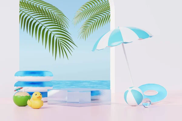 三维渲染暑期抽象产品展示 蓝色海洋背景概念中的最小写实主义展示 热带夏季岛屿的化妆品 充气环 — 图库照片