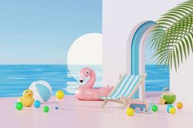 3 Boyutlu Yaz Tatili Soyut Ürün Gösterimi, Mavi Okyanus arka planında Asgari Gerçekçi Görünüm Podyumu, Tropik yaz adası, şemsiye, şişme halka kozmetik ürünleri.