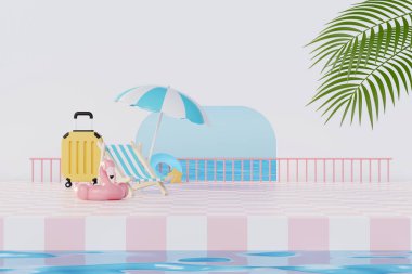 3 Boyutlu Yaz Tatili Soyut Ürün Gösterimi, Mavi Okyanus arka planında Asgari Gerçekçi Görünüm Podyumu, Tropik yaz adası, şemsiye, şişme halka kozmetik ürünleri.