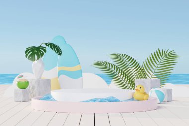 3 Boyutlu Yaz Tatili Soyut Ürün Gösterimi, Mavi Okyanus arka planında Asgari Gerçekçi Görünüm Podyumu, Tropik yaz adası, şemsiye, şişme halka kozmetik ürünleri.