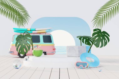 3 Boyutlu Yaz Tatili Soyut Ürün Gösterimi, Mavi Okyanus arka planında Asgari Gerçekçi Görünüm Podyumu, Tropik yaz adası, şemsiye, şişme halka kozmetik ürünleri.