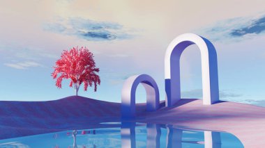 3d render Surreal pastel landscape background with geometric shapes, abstract fantastic desert dune in seasoning landscape with arches, panoramic, futuristic scene with copy space, blue sky and cloudy