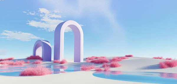 Rendering Surreale Pastelllandschaft Hintergrund Mit Geometrischen Formen Abstrakte Fantastische Wüstendüne — Stockfoto