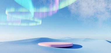 3d render Surreal pastel landscape background with geometric shapes, abstract fantastic desert dune in seasoning landscape with arches, panoramic, futuristic scene with copy space, blue sky and cloudy