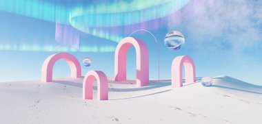 3d render Surreal pastel landscape background with geometric shapes, abstract fantastic desert dune in seasoning landscape with arches, panoramic, futuristic scene with copy space, blue sky and cloudy