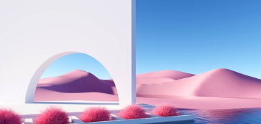 3d render Surreal pastel landscape background with geometric shapes, abstract fantastic desert dune in seasoning landscape with arches, panoramic, futuristic scene with copy space, blue sky and cloudy