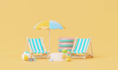Summer minimal vacation beach with cute elements inflatable rings, beach chair, snorkel background concept, Display for Product mock-up or Cosmetics with summer theme. 3d rendering