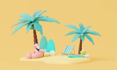 Summer vacation beach with Minimal Surfboard, island, elements background concept, Realistic Display for Product mock-up or Cosmetics with summer theme. minimal cute design. 3d rendering