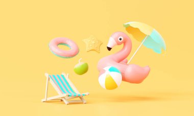 3 boyutlu yaz tatili, plaj ve deniz ikonu öğeleri grubu, tatil arkaplan konsepti, ürün modeli için gerçekçi görünüm veya yaz temalı kozmetik. minimal şirin tasarım.