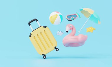 3 boyutlu yaz tatili, plaj ve deniz ikonu öğeleri grubu, tatil arkaplan konsepti, ürün modeli için gerçekçi görünüm veya yaz temalı kozmetik. minimal şirin tasarım.