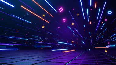 3D teknoloji soyut neon ışığı arka plan, boş uzay sahnesi, spot ışığı, karanlık gece, sanal gerçeklik, siber fütüristik bilim kurgu arka plan, model için sokak zemin stüdyosu. renkli geometrik.
