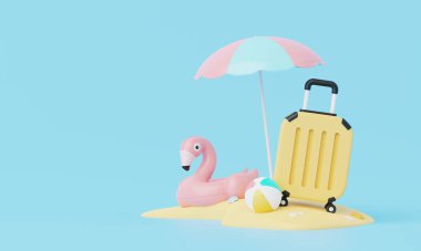 3 boyutlu yaz tatili, plaj ve deniz ikonu öğeleri grubu, tatil arkaplan konsepti, ürün modeli için gerçekçi görünüm veya yaz temalı kozmetik. minimal şirin tasarım.