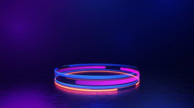 3D teknoloji soyut neon ışığı arka plan, boş uzay sahnesi, spot ışığı, karanlık gece, sanal gerçeklik, siber fütüristik bilim kurgu arka plan, model için sokak zemin stüdyosu. renkli geometrik.