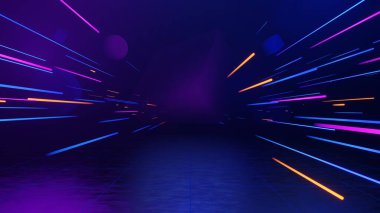 3D teknoloji soyut neon ışığı arka plan, boş uzay sahnesi, spot ışığı, karanlık gece, sanal gerçeklik, siber fütüristik bilim kurgu arka plan, model için sokak zemin stüdyosu. renkli geometrik.