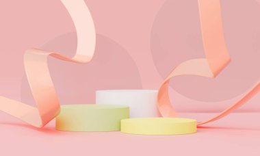 3D Render, Minimal Realistik Pastel Ürün Moda Podyumu Renkli Pasta Stüdyosunda Kozmetik Sunumu, Silindir Kalıplı Vitrin Sahnesi, Geometrik Şekiller Arkaplan.