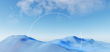 3d render Surreal pastel landscape background with geometric shapes, abstract fantastic desert dune in seasoning landscape with arches, panoramic, futuristic scene with copy space, blue sky and cloudy