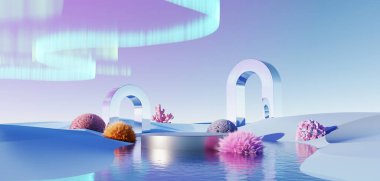 3d render Surreal pastel landscape background with geometric shapes, abstract fantastic desert dune in seasoning landscape with arches, panoramic, futuristic scene with copy space, blue sky and cloudy