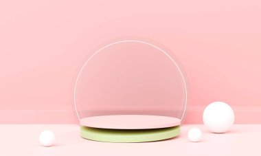 3D görüntüleme, modelleme için minimal boş podyum platformu, ürün veya kozmetik gösterim sahnesi için kaide, pastel ve sıcak renkli ton, soyut geometrik stüdyo.