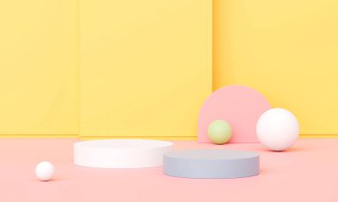 3D görüntüleme, modelleme için minimal boş podyum platformu, ürün veya kozmetik gösterim sahnesi için kaide, pastel ve sıcak renkli ton, soyut geometrik stüdyo.