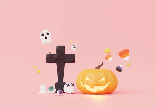 Render Decoración Elementos Fiesta Halloween Con Calabazas Naranja Linterna Brillante —  Fotos de Stock