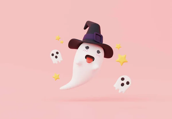 Render Halloween Party Elemek Dekoráció Minimális Aranyos Cica Szellem Pasztell — Stock Fotó