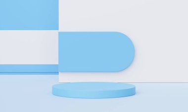 3D görüntüleme, modelleme için minimal boş podyum platformu, ürün veya kozmetik gösterim sahnesi için kaide, pastel ve sıcak renkli ton, soyut geometrik stüdyo.
