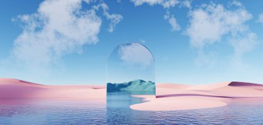 3d render Surreal pastel landscape background with geometric shapes, abstract fantastic desert dune in seasoning landscape with arches, panoramic, futuristic scene with copy space, blue sky and cloudy