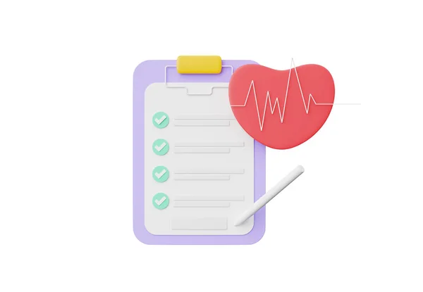 3D render, Personal Medical health checklist with heartbeat isolated on white background, Health cardiology check up, Electrocardiogram (ECG)  document report forms.