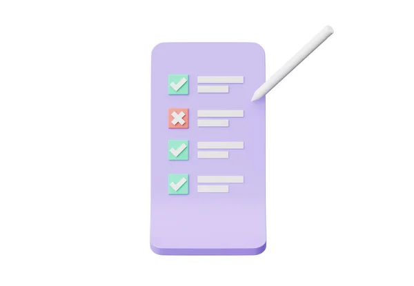 3Dレンダリング 白い背景に隔離された白いペンが付いている最小の文書のチェックリスト 情報および細部を示すクリップボードのペーパー ノートのパッドのペーパー アイコン — ストック写真
