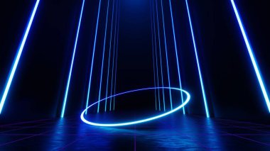 3D soyut teknoloji parlayan neon ışık arka planı, boş uzay sahnesi, yansıma katı, sanal gerçeklik, siber uzay fütüristik bilim kurgu arka plan, modelleme için hareket çizgisi yüksek hız.