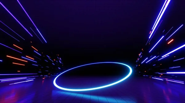 Abstrakte Technologie Glühende Neon Schnelle Lichtgeschwindigkeit Hintergrund Leeren Raum Szene Stockbild