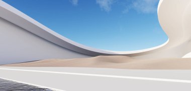 3d Render, Soyut sürrealite pastel manzara arka planı Mimari modern bina ve geometrik kemerler, kopyalama alanı, mavi gökyüzü ve bulutlu renkli kumul sahnesi, Minimalist dekor tasarımı