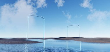 3d Render, Soyut sürrealite pastel manzara arkaplanı ürün, panoramik manzara, kopya alanı, mavi gökyüzü ve bulutlu renkli kumul sahnesi, minimal dekor tasarımı için podyum ve kemerler