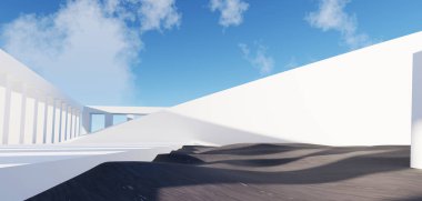 3d Render, Soyut sürrealite pastel manzara arka planı Mimari modern bina ve geometrik kemerler, kopyalama alanı, mavi gökyüzü ve bulutlu renkli kumul sahnesi, Minimalist dekor tasarımı