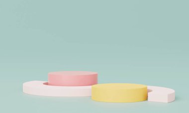 3D görüntüleme, modelleme için minimal boş podyum platformu, ürün veya kozmetik gösterim sahnesi için kaide, pastel ve sıcak renkli ton, soyut geometrik stüdyo.