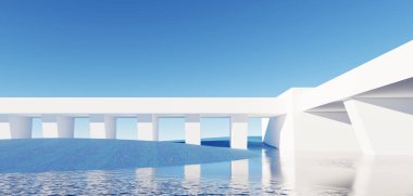 3d Render, Soyut sürrealite pastel manzara arka planı Mimari modern bina ve geometrik kemerler, kopyalama alanı, mavi gökyüzü ve bulutlu renkli kumul sahnesi, Minimalist dekor tasarımı