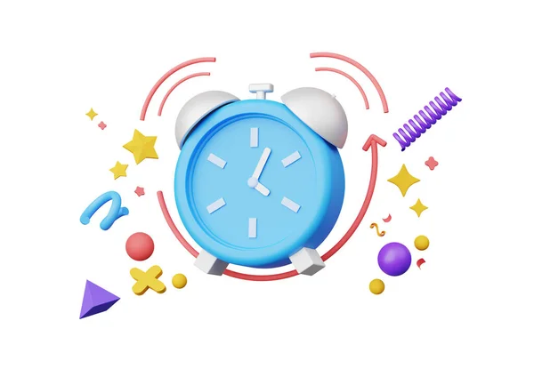3D render, Minimal Alarm clock with colorful floating confetti isolated on white background, Management time and planning concept, reminder and notification. Wake up and sleep time.